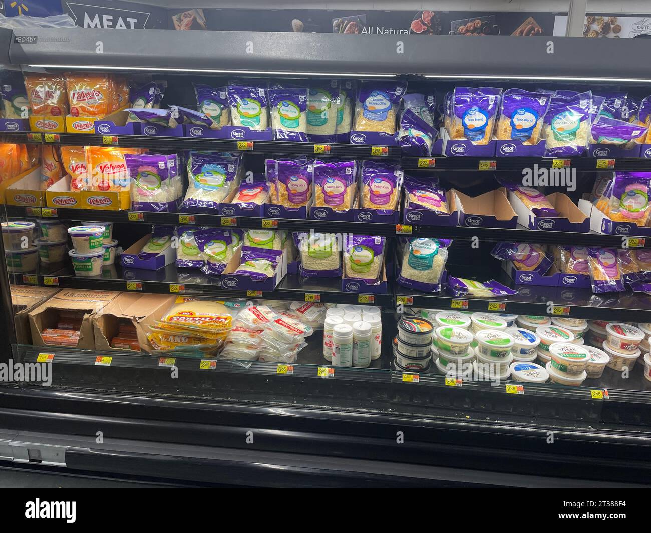 Grovetown, Ga USA - 08 06 23: Walmart grocery store Cheese section and prices Stock Photo