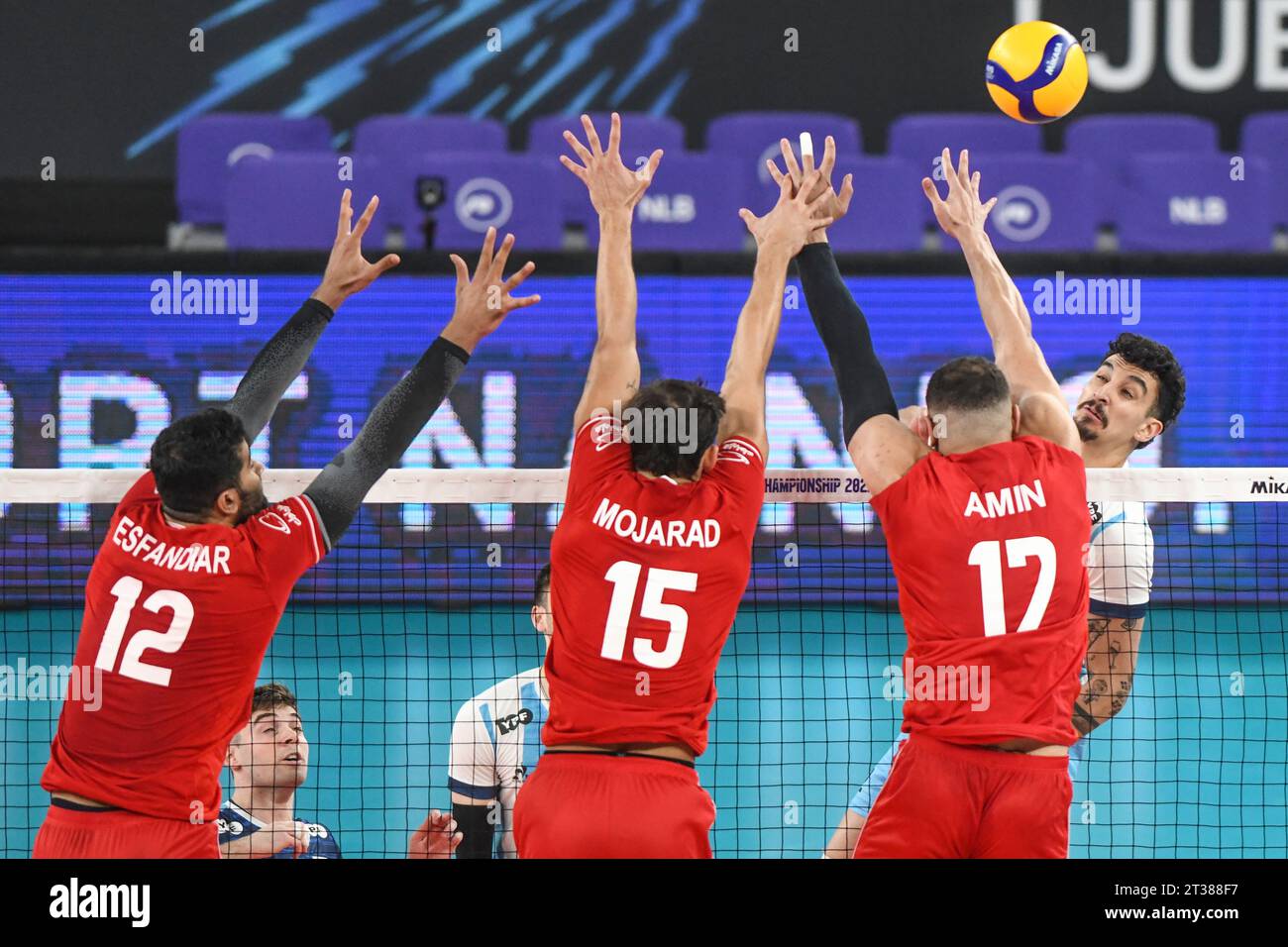Bruno Lima (Argentina); Amirhossein Esfandiar, Aliasghar Mojarad, Amin Esmaeilnezhad (Iran). Volleyball World Championship 2022. Stock Photo