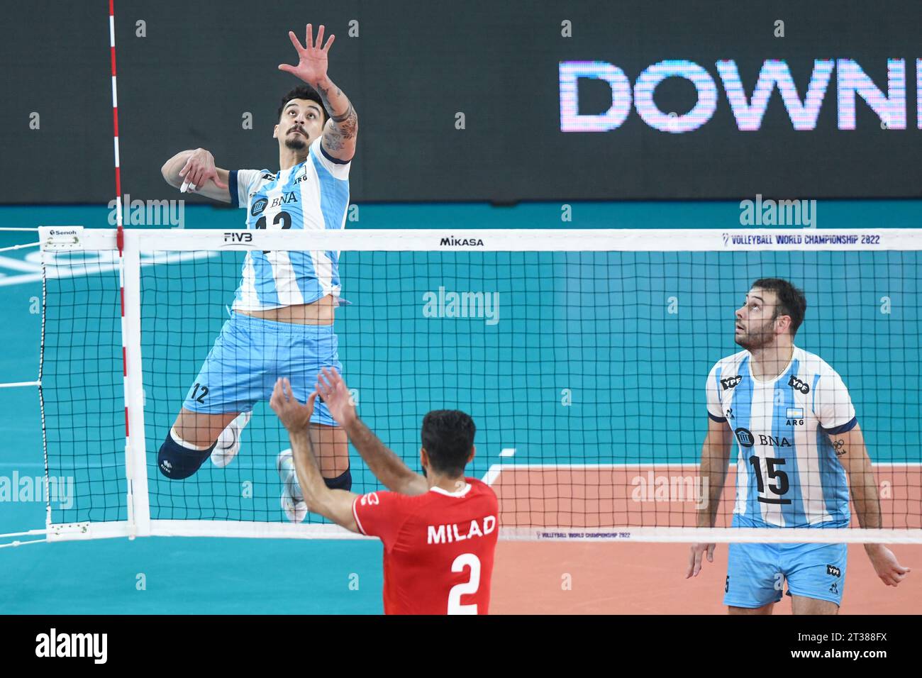 Bruno Lima, Luciano De Cecco (Argentina); Milad Ebadipour (Iran). Volleyball World Championship 2022. Stock Photo