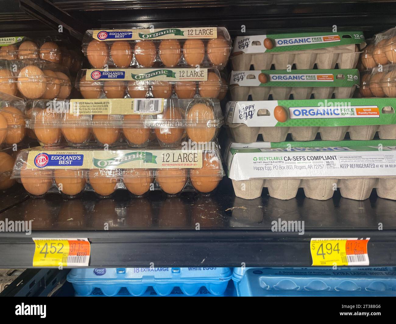 Grovetown, Ga USA - 08 06 23: Walmart grocery store Eggs section and prices close up Stock Photo