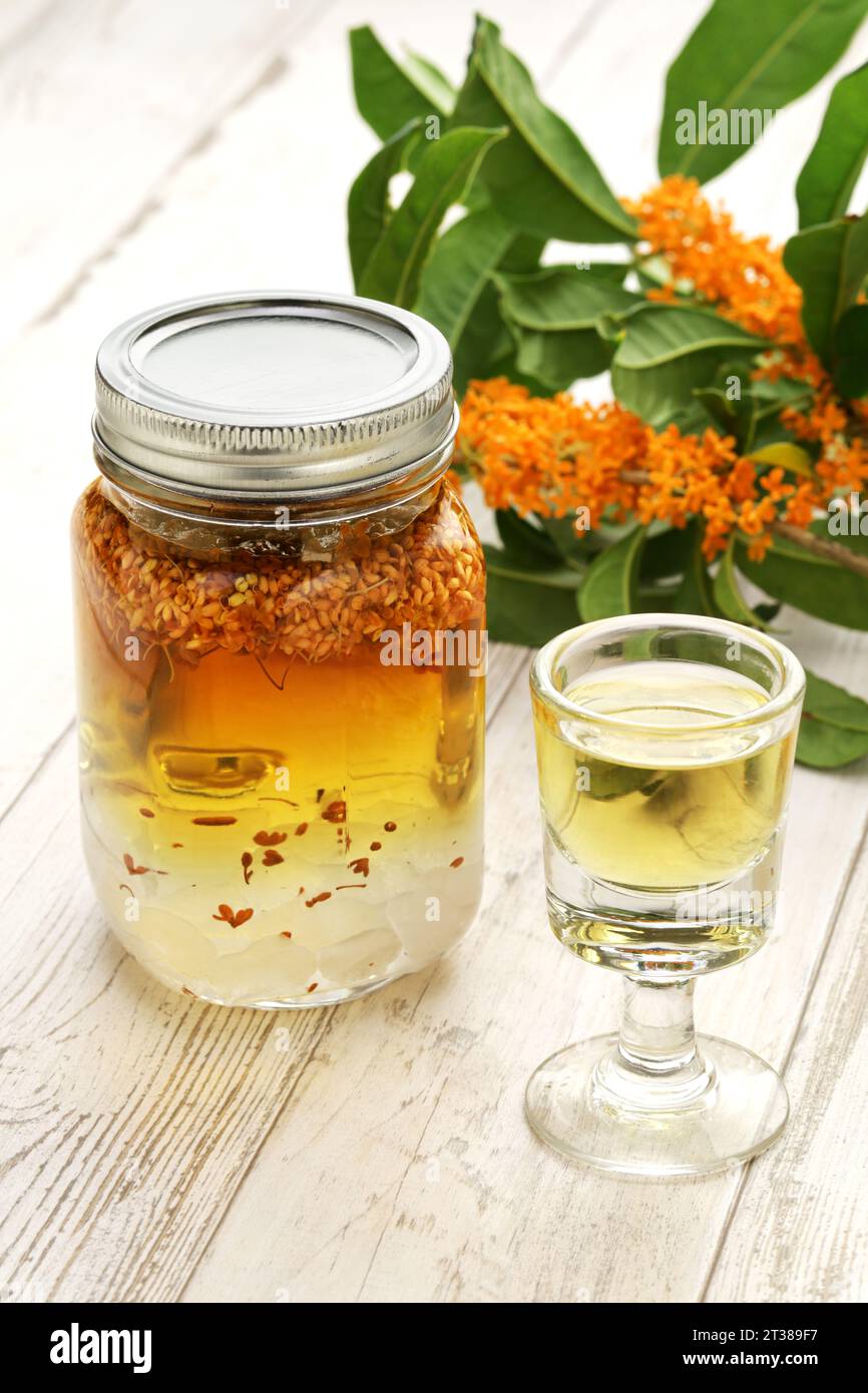 How to make Osmanthus wine (Chinese liqueur ). Stock Photo
