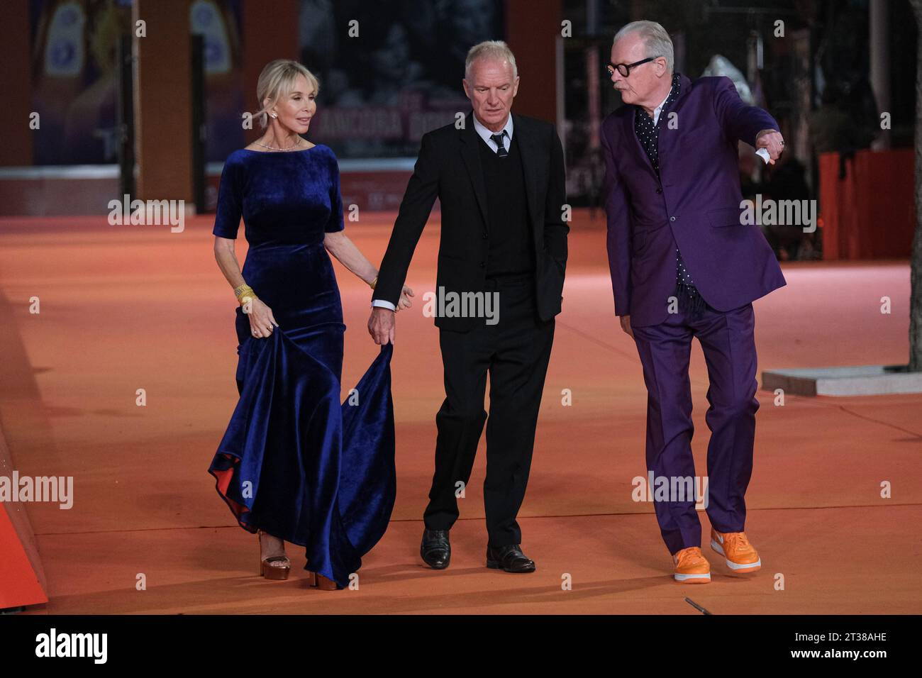 Rome, Italy. 23rd Oct, 2023. Trudie Styler (L) and Gordon Matthew Thomas Sumner, alias Sting (C) attend a red carpet for the movie 'Posso entrare? An ode to Naples' during the 18th Rome Film Festival at Auditorium Parco Della Musica in Rome. Credit: SOPA Images Limited/Alamy Live News Stock Photo