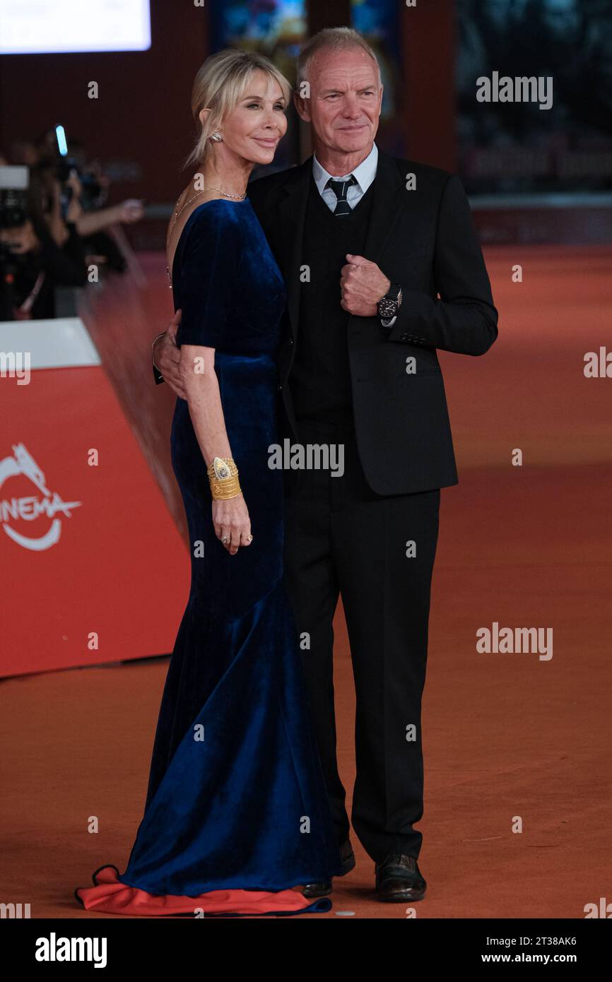 Rome, Italy. 23rd Oct, 2023. Trudie Styler (L) and Gordon Matthew Thomas Sumner, alias Sting (R) attend a red carpet for the movie 'Posso entrare? An ode to Naples' during the 18th Rome Film Festival at Auditorium Parco Della Musica in Rome. Credit: SOPA Images Limited/Alamy Live News Stock Photo
