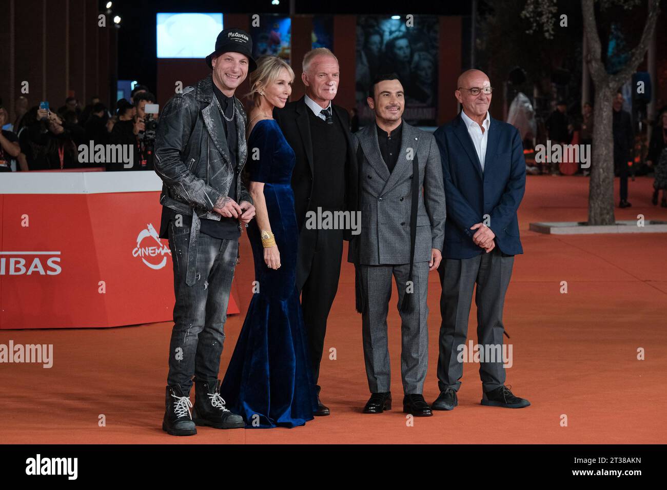 Rome, Italy. 23rd Oct, 2023. (L to R) Clementino, Trudie Styler, Sting, Francesco Di Leva and Don Antonio Loffredo attend a red carpet for the movie 'Posso entrare? An ode to Naples' during the 18th Rome Film Festival at Auditorium Parco Della Musica in Rome. Credit: SOPA Images Limited/Alamy Live News Stock Photo