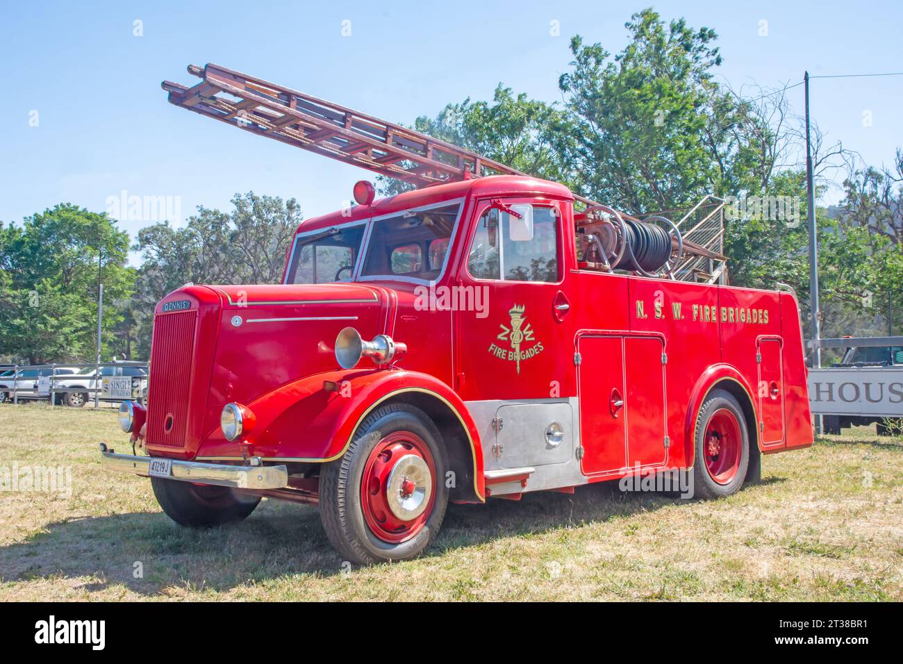 Vintage Dennis NSW  Fire brigade truck on display at a country fair in Australia. Stock Photo