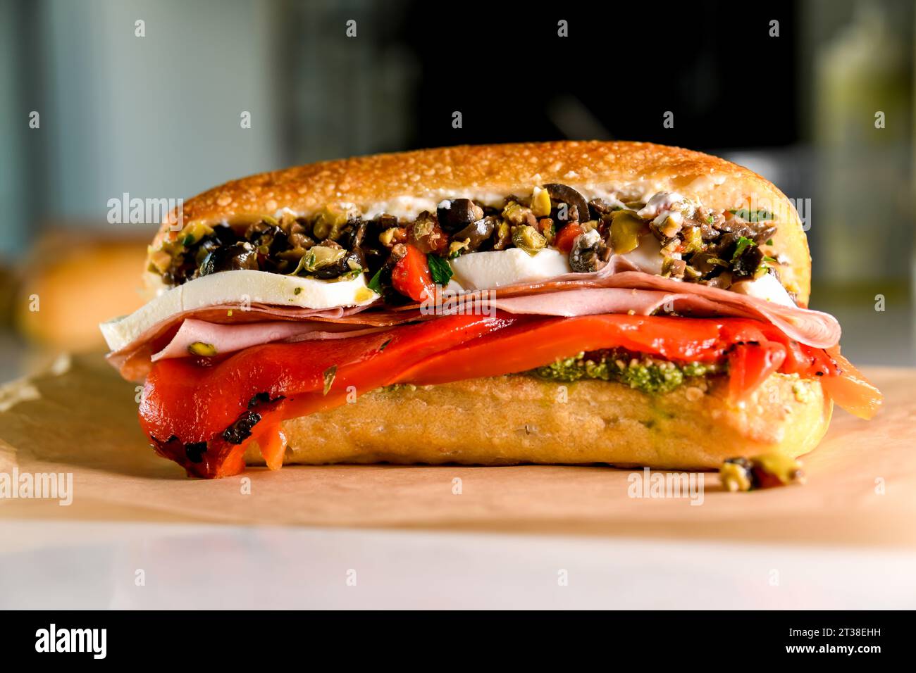 Italian sandwich with olive tapenade, buffalo, mozzarella cheese ...