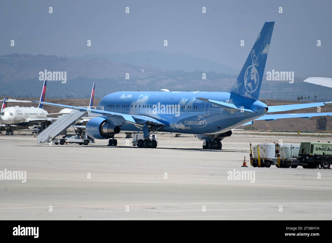 General overall view of the a Boeing 767-200 owned by Canadian rapper Aubrey Graham, aka Drake on Friday, Aug 11, 2023 in San Bernardino, California. Stock Photo