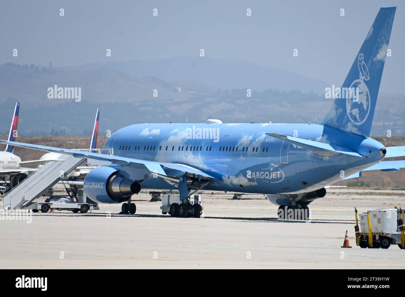 General overall view of the a Boeing 767-200 owned by Canadian rapper Aubrey Graham, aka Drake on Friday, Aug 11, 2023 in San Bernardino, California. Stock Photo