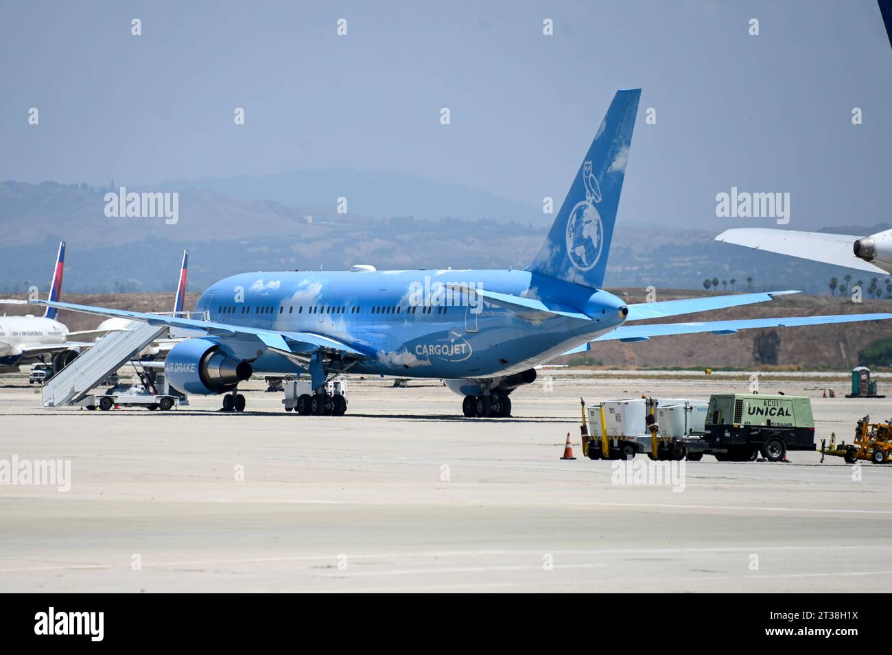 General overall view of the a Boeing 767-200 owned by Canadian rapper Aubrey Graham, aka Drake on Friday, Aug 11, 2023 in San Bernardino, California. Stock Photo