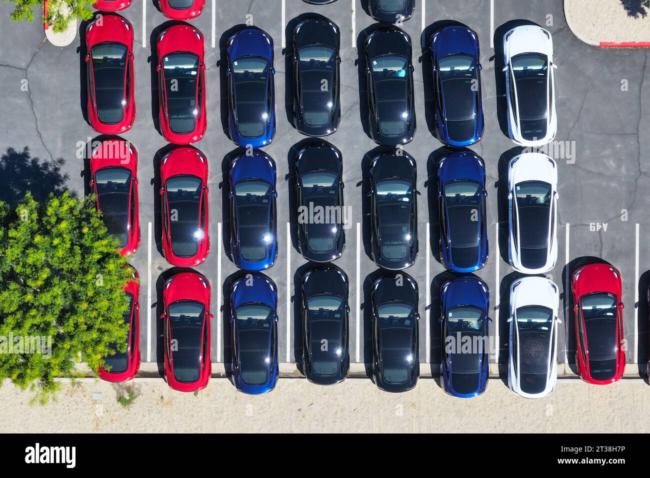 General overall aerial view of Tesla vehicles at the Riverside-Lindbergh Tesla Dealership and Service Center on Wednesday, Aug 16, 2023 in Riverside, Stock Photo