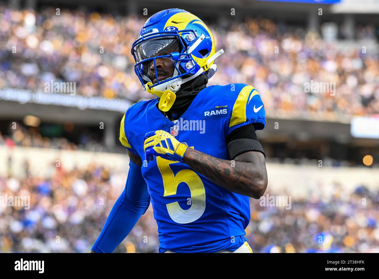 Los Angeles Rams wide receiver Tutu Atwell (5) during an NFL football game against the Pittsburgh Steelers, Sunday, Oct. 22, 2023, in Inglewood, Calif Stock Photo