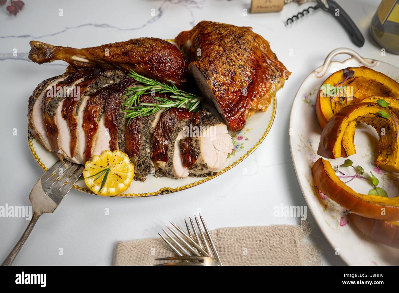 Thanksgiving Turkey with Duxelles and Pumpkin on table Stock Photo