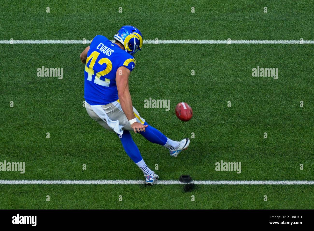 Los Angeles Rams punter Ethan Evans (42) kicks the ball during an NFL football game, Sunday, Oct. 22, 2023, in Inglewood, Calif. The Steelers defeated Stock Photo