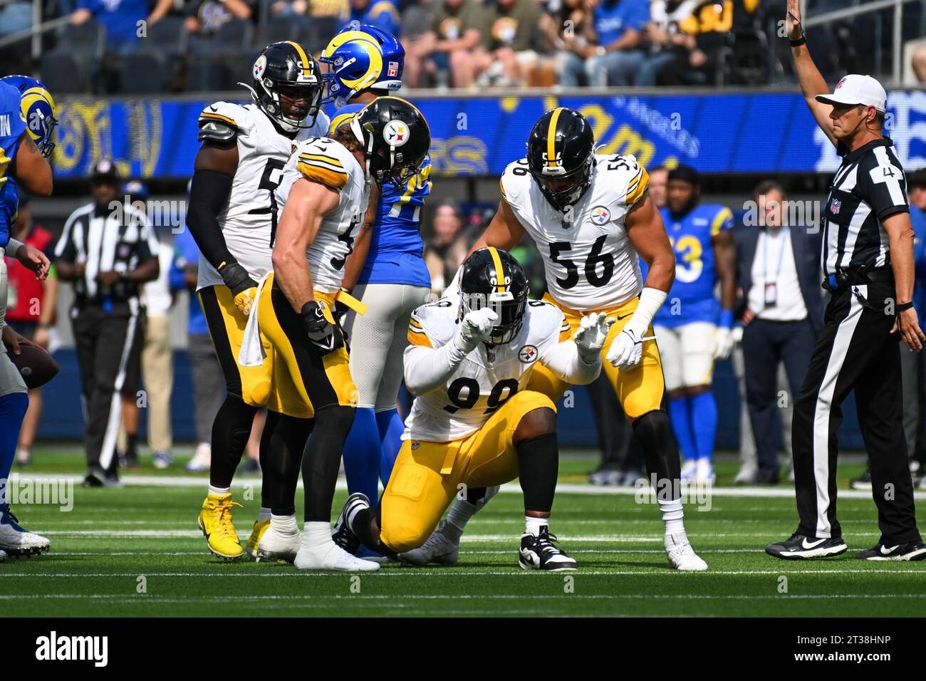 Pittsburgh Steelers defensive tackle Larry Ogunjobi (99) celebrates after sacking Los Angeles Rams quarterback Matthew Stafford (not pictured) during Stock Photo