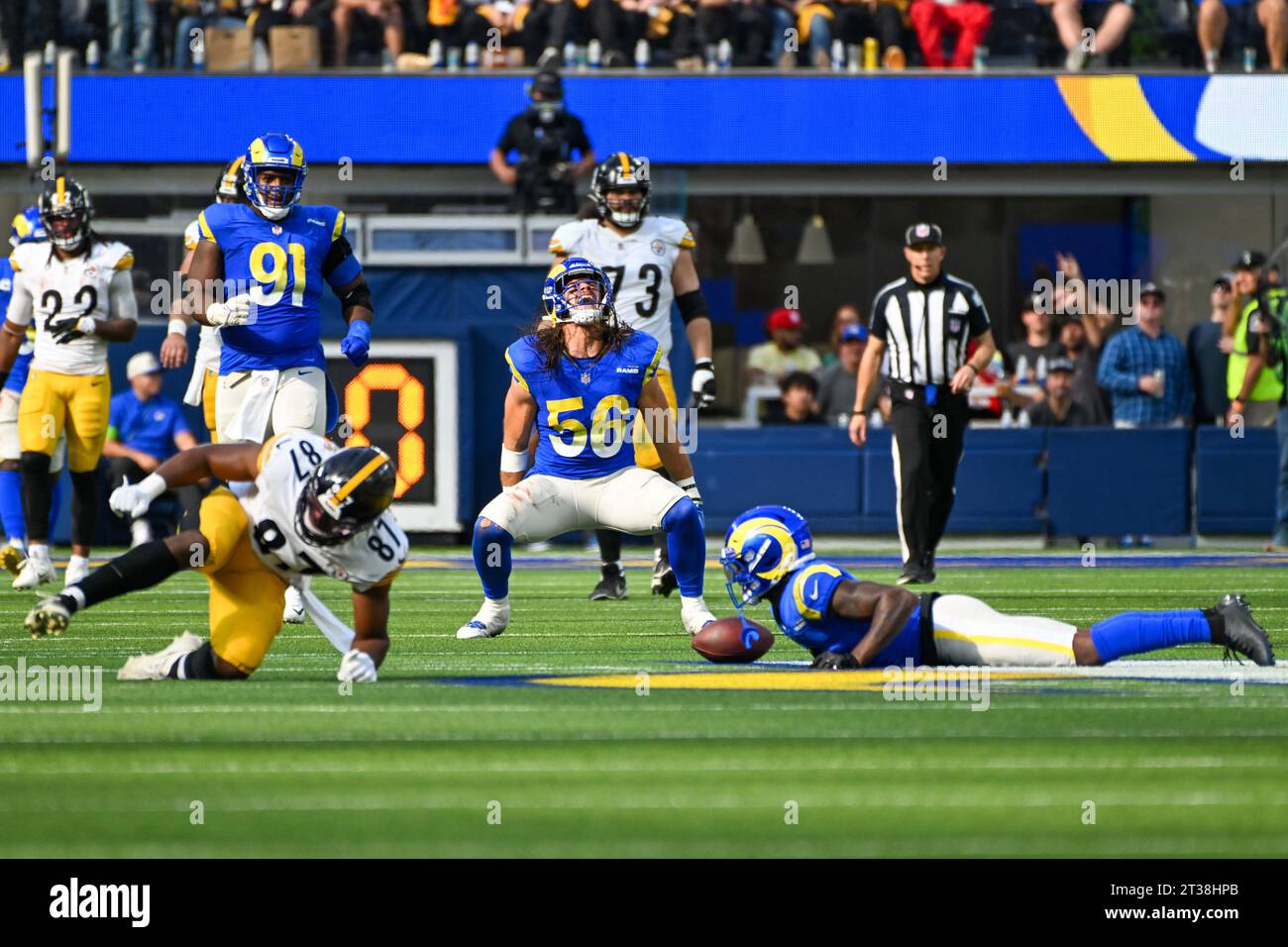 Los Angeles Rams linebacker Troy Reeder (59) reacts to a missed interception during an NFL football game, Sunday, Oct. 22, 2023, in Inglewood, Calif. Stock Photo