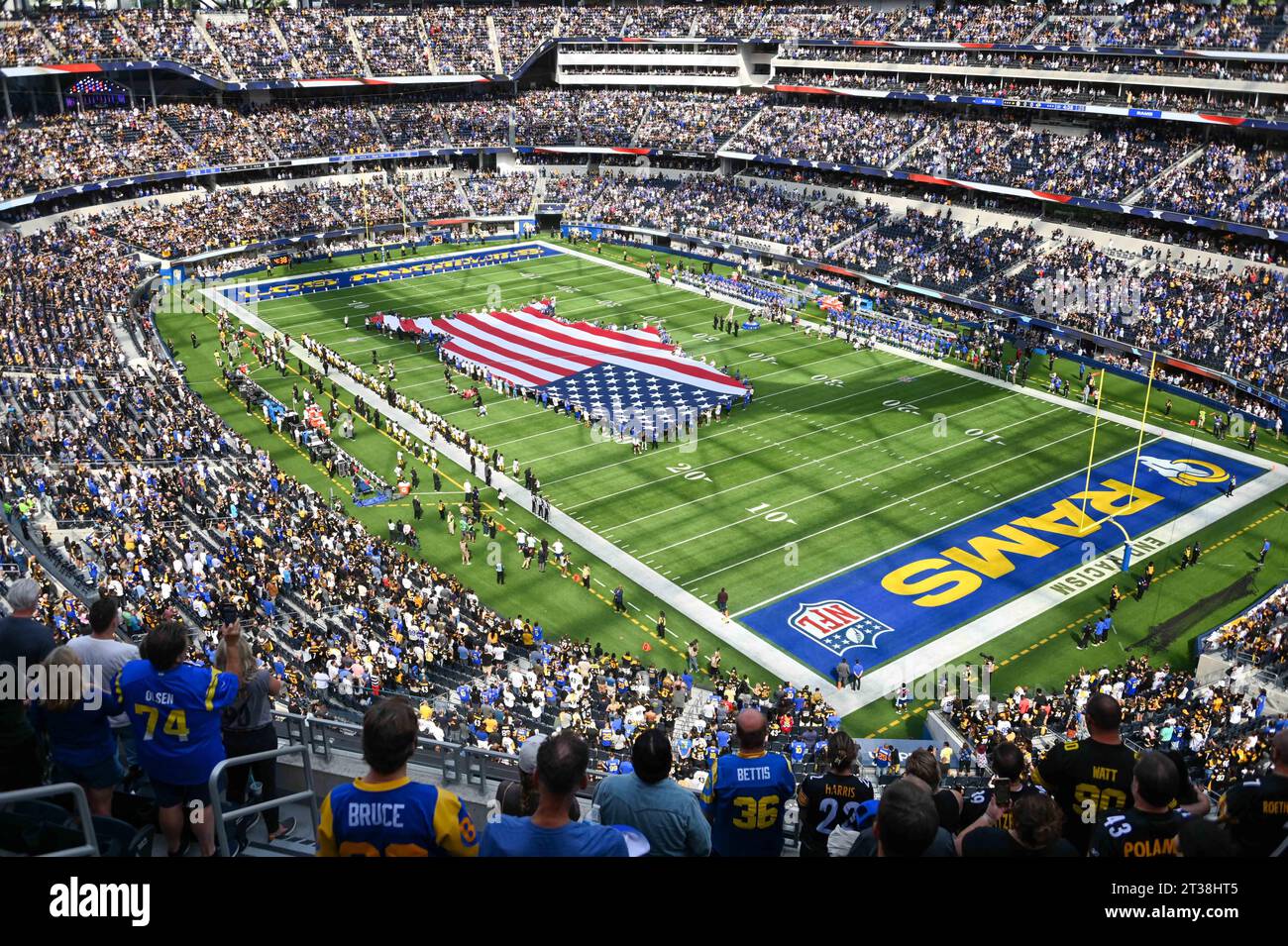 An American Flag is displayed before an NFL football game between the Los Angeles Rams and the Pittsburgh Steelers, Sunday, Oct. 22, 2023, in Inglewoo Stock Photo