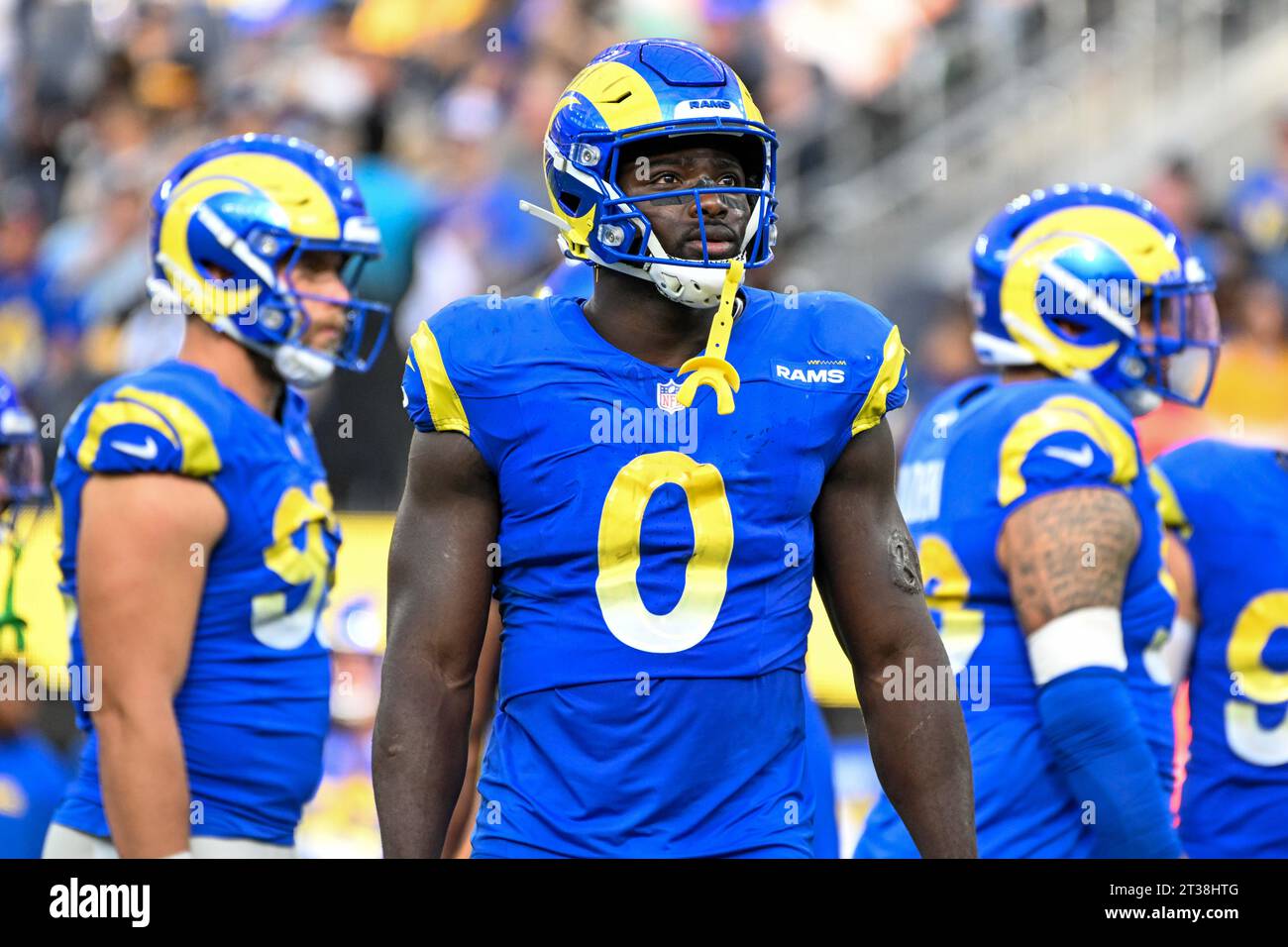 Los Angeles Rams linebacker Byron Young (0) during an NFL football game against the Pittsburgh Steelers, Sunday, Oct. 22, 2023, in Inglewood, Calif. T Stock Photo