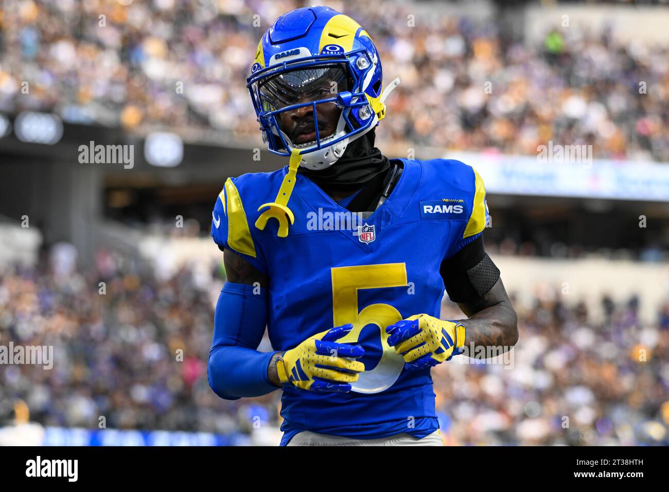 Los Angeles Rams wide receiver Tutu Atwell (5) during an NFL football game against the Pittsburgh Steelers, Sunday, Oct. 22, 2023, in Inglewood, Calif Stock Photo