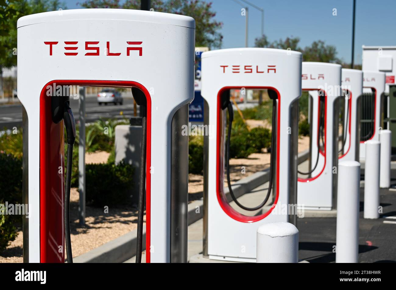 Moreno Valley, United States. 17th Aug, 2023. General overall view of Tesla Superchargers near