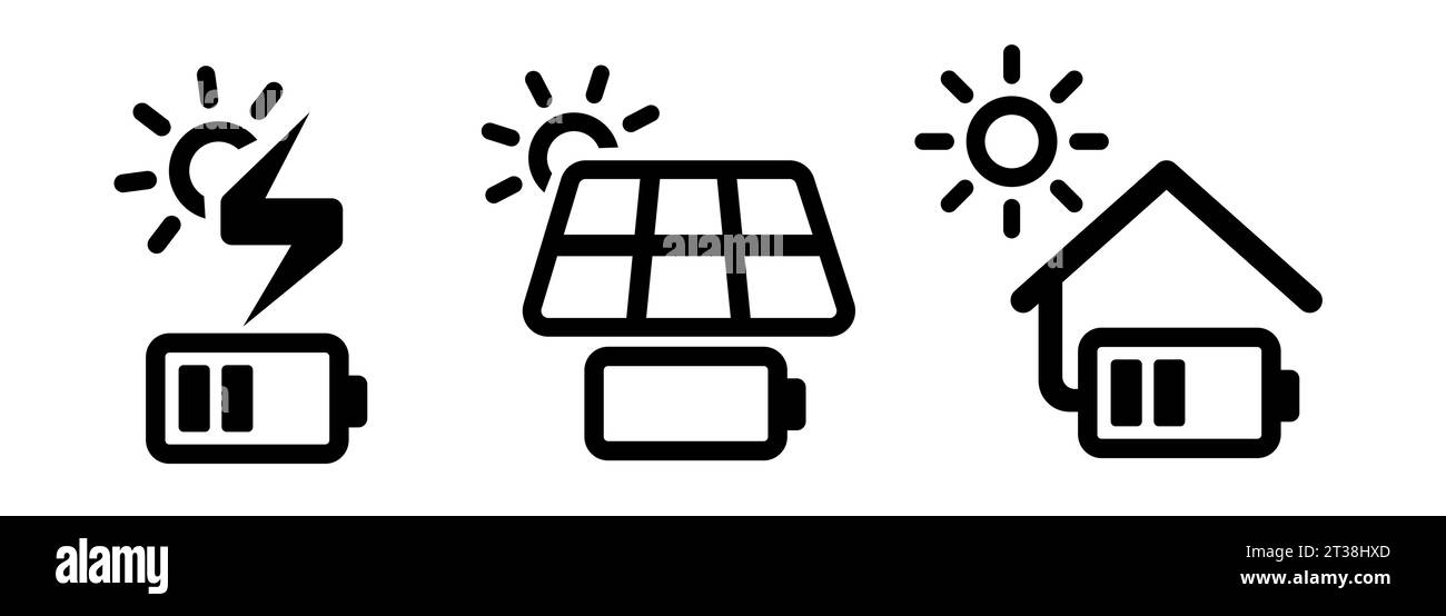 Solar cell panel in house charging battery electricity from sun icon set Stock Vector Image