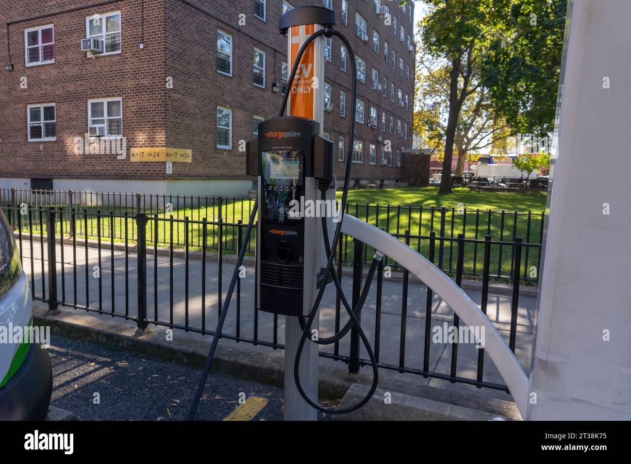 New York, United States. 23rd Oct, 2023. A solar powered charge station