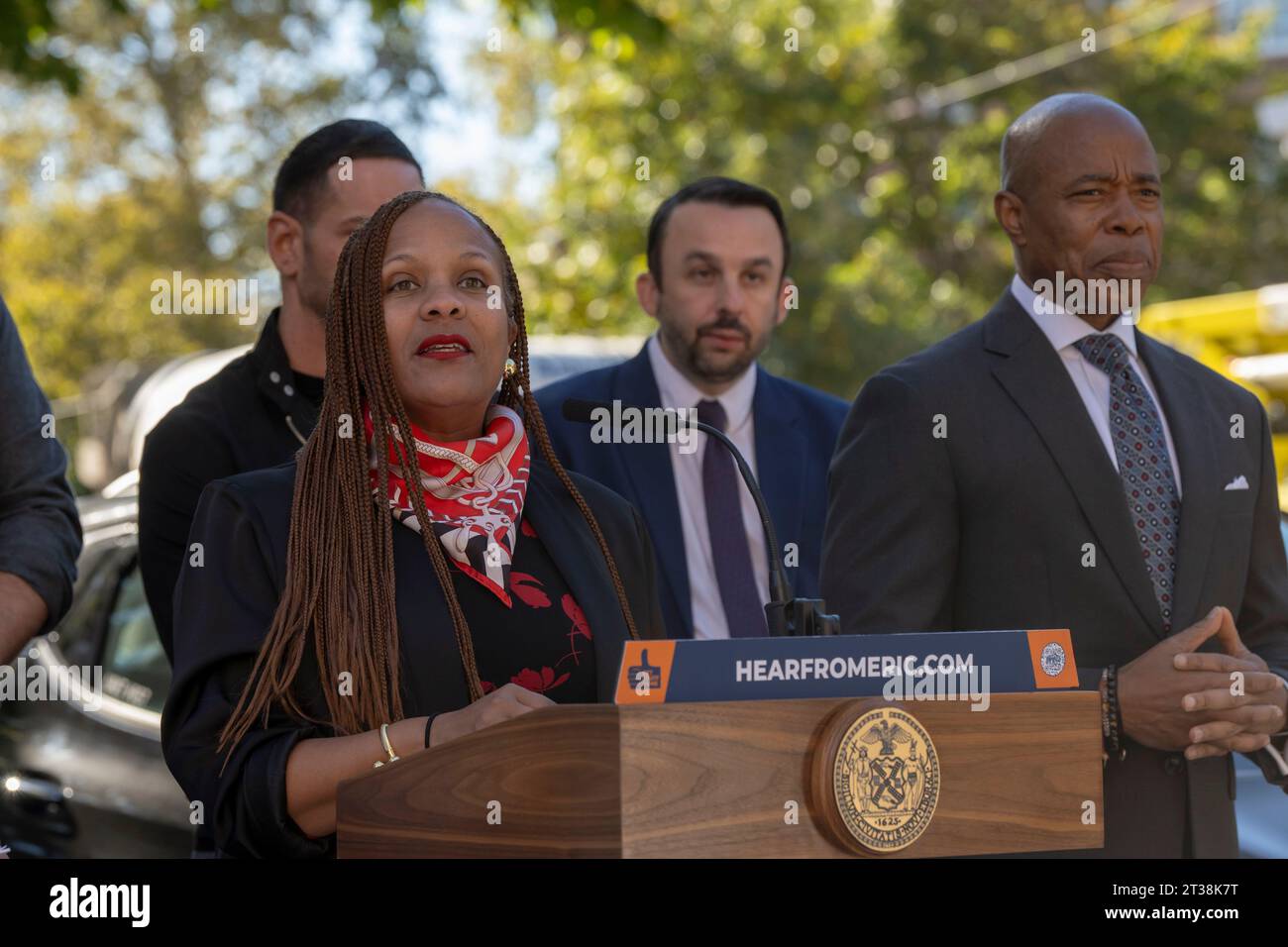 Department of Citywide Administrative Services Commissioner Dawn Pinnock speaks during Intro. 279-A bill signing ceremony at NYCHA's Ravenswood Houses in the Queens borough of New York City. Mayor Adams signs Intro. 279-A, formally codifying the city's goal of transitioning its automobile fleet to all Fully Electric (zero emissions) vehicles (ZEVs) by 2038. In addition, the city will install solar carports at NYCHA parking lots and introducing electric vehicle car-sharing program for NYCHA staff. (Photo by Ron Adar/SOPA Images/Sipa USA) Stock Photo
