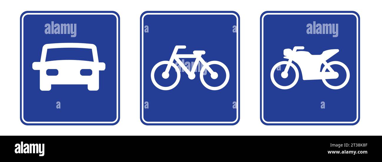 Car motorcycle bike bicycle motorbike parking space area zone road sign blue square Stock Vector