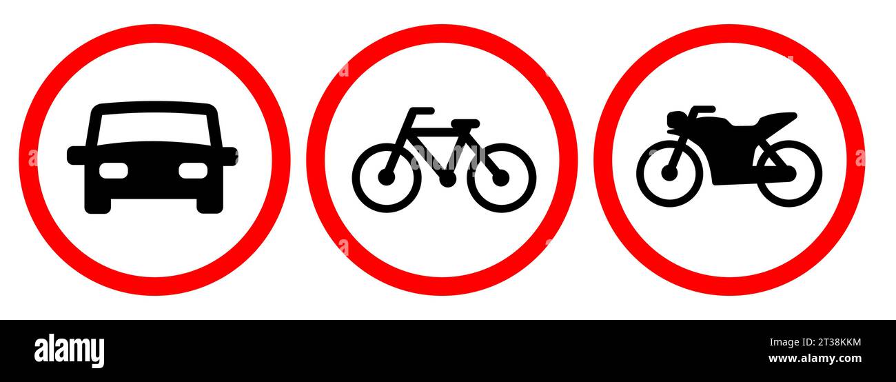 Car motorcycle bike bicycle motorbike parking space area zone road sign read white circle Stock Vector