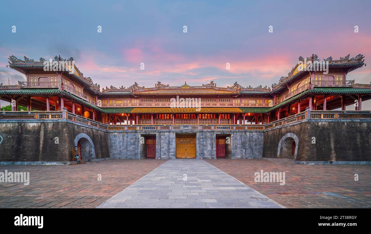 Meridian Gate of Imperial Royal Palace of Nguyen dynasty in Hue, Vietnam at sunset Stock Photo