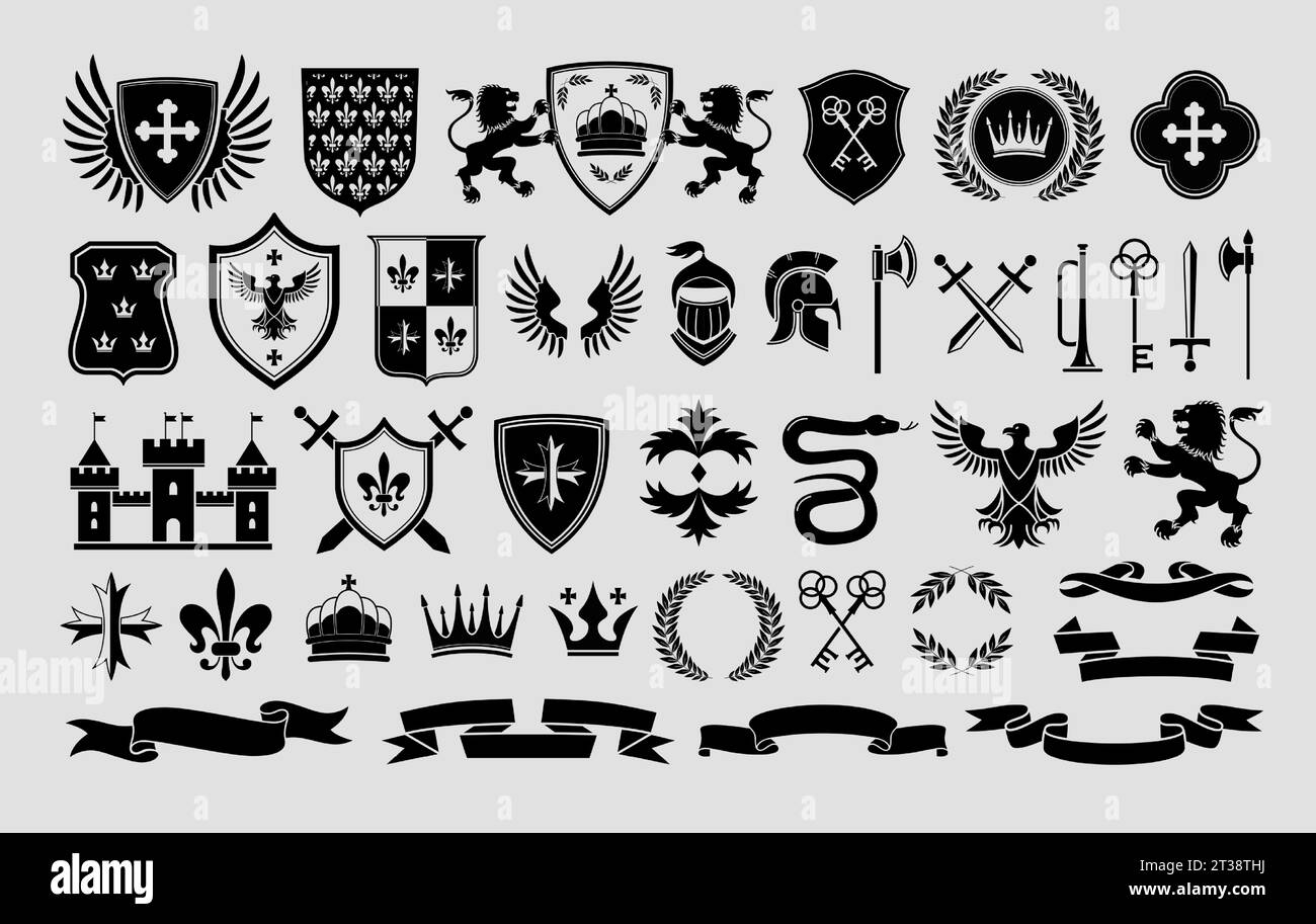 Stencil heraldic emblem templates. Traditional snake, lion and eagle symbols. Medieval weapons, shields and royal castle labels vector set Stock Vector