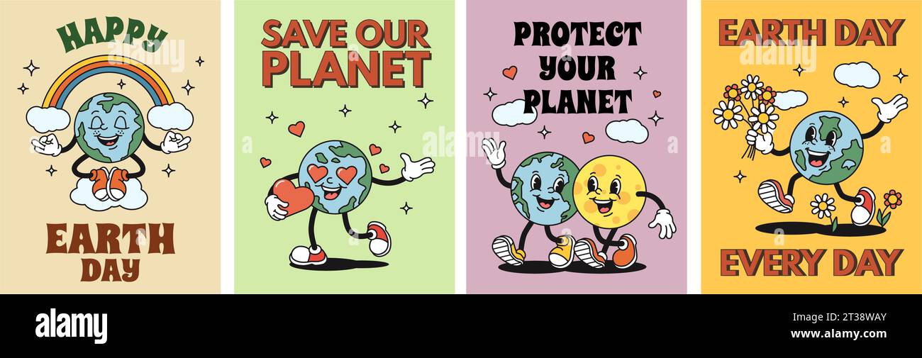 Cartoon planet Earth posters. Happy Earth day sticker, save our planet flyer with retro globe mascot character vector illustration set Stock Vector