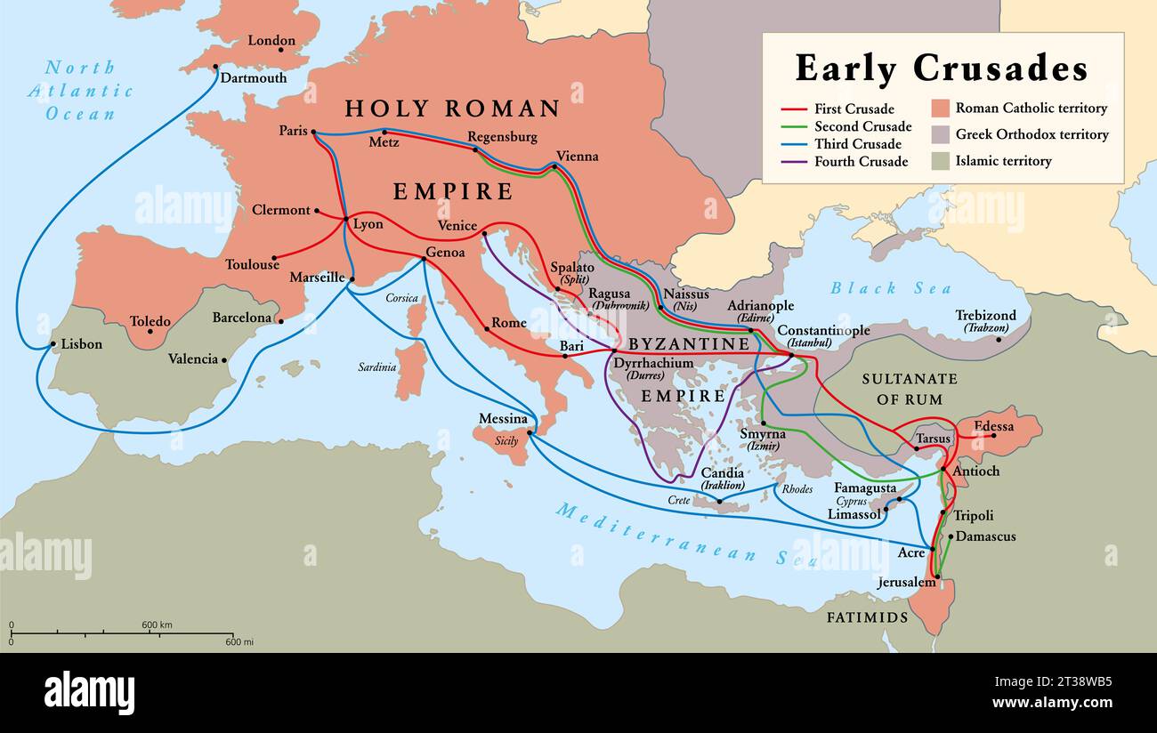 Early Crusades, history map. The first four Crusades, a series of religious wars to the Holy Land, to conquer Jerusalem and its surrounding area. Stock Photo
