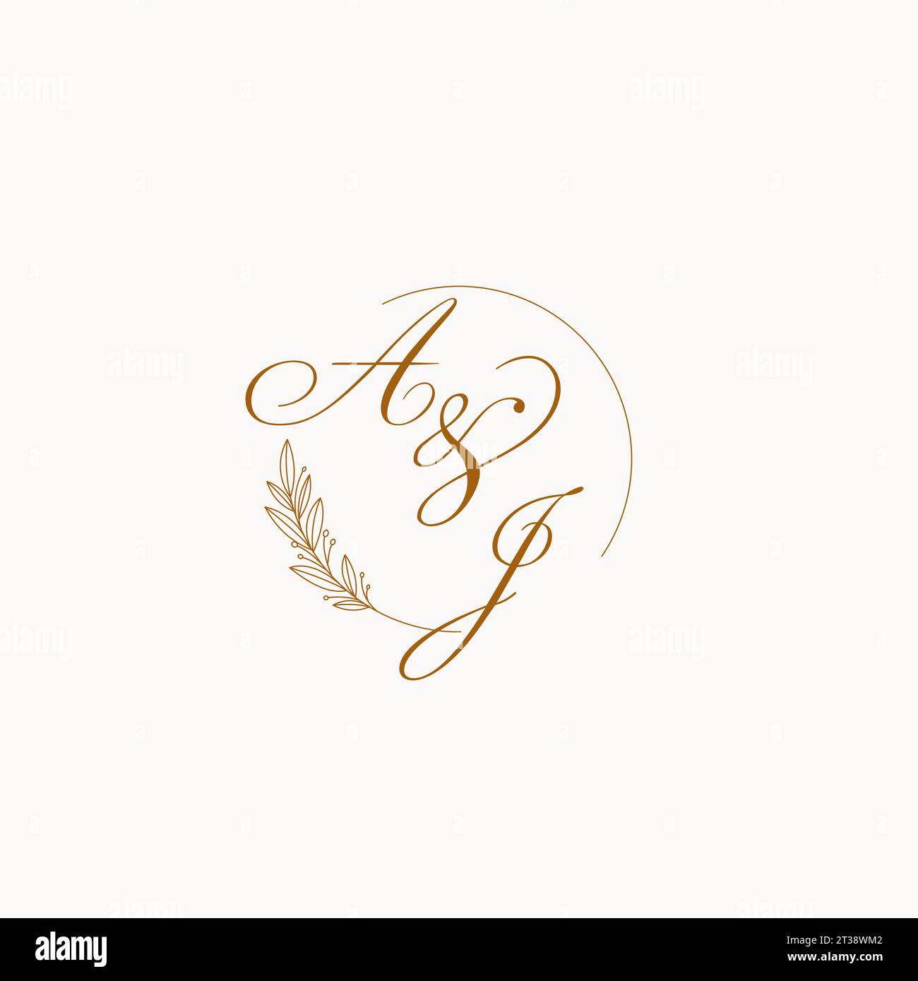 Initials AJ wedding monogram logo with leaves and elegant circular ...