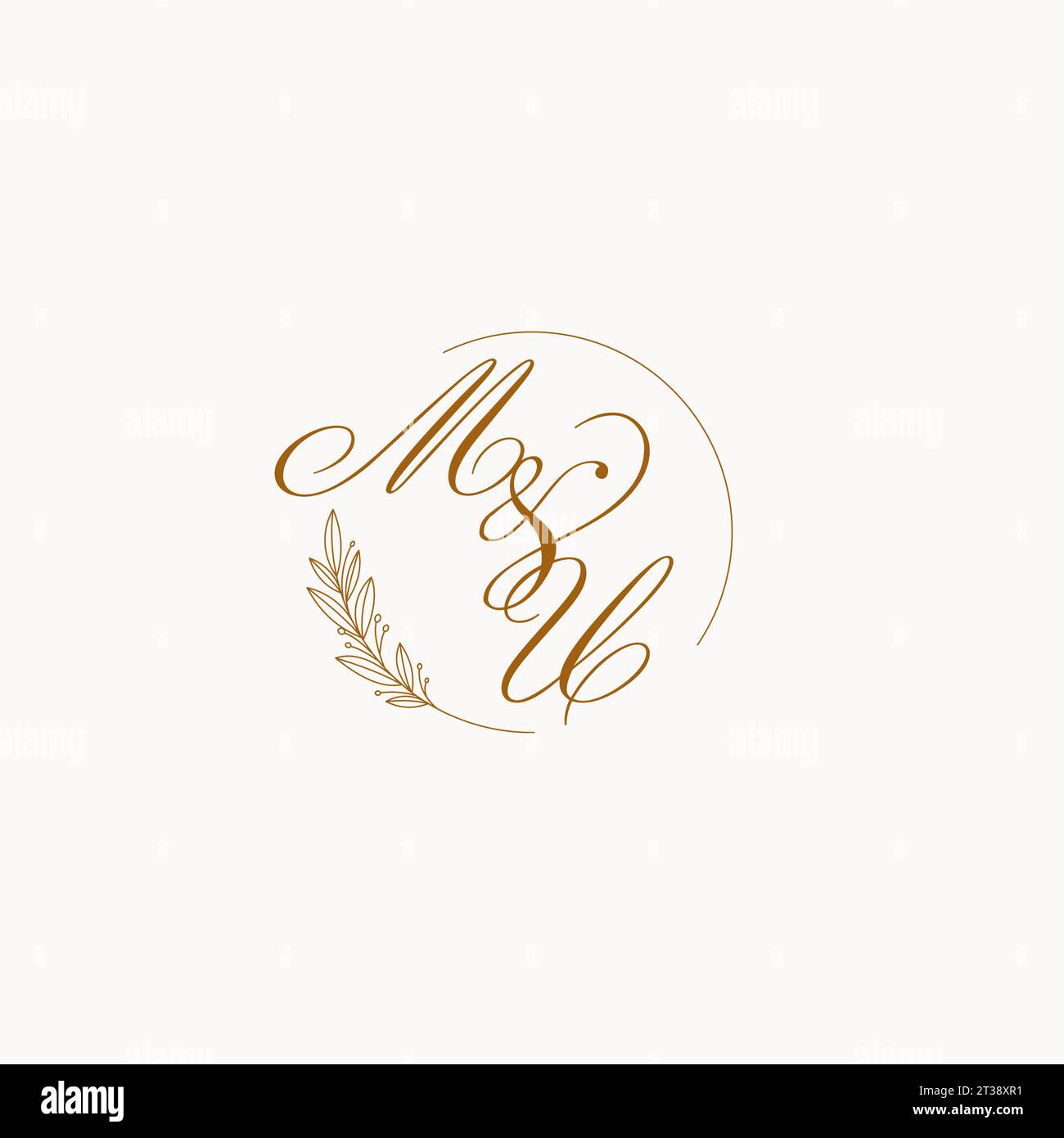 Initials MU wedding monogram logo with leaves and elegant circular lines vector graphic Stock Vector