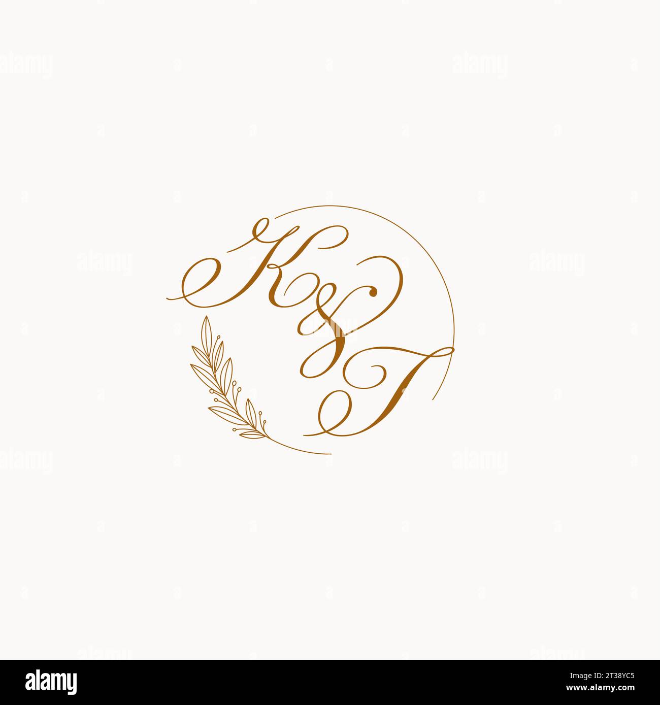 Initials KT wedding monogram logo with leaves and elegant circular ...