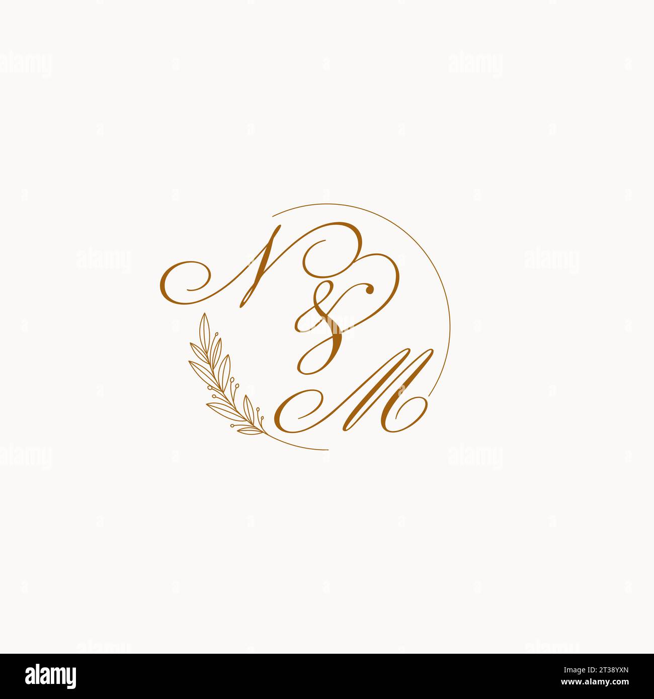 Initials NM wedding monogram logo with leaves and elegant circular ...