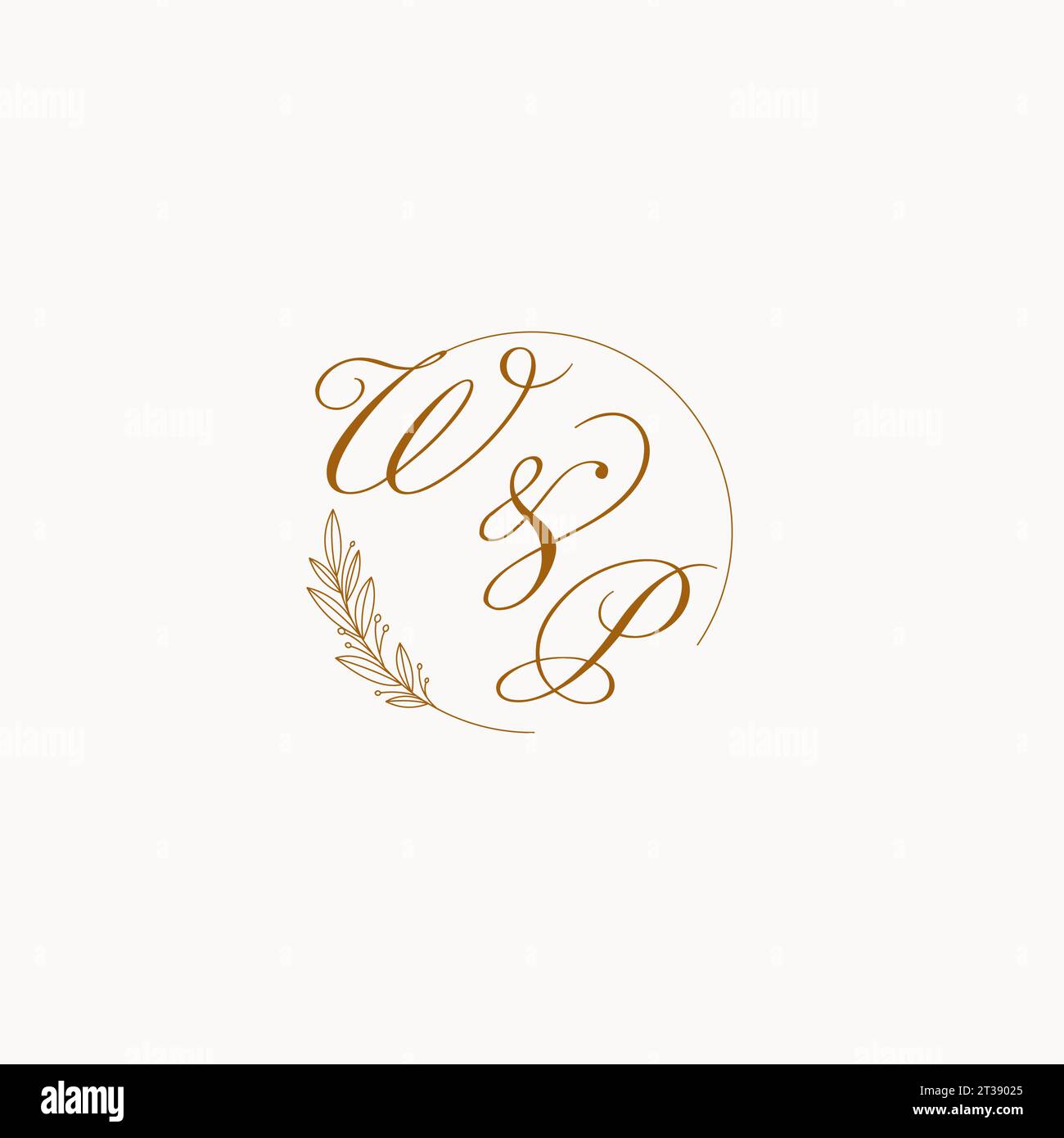 Initials WP wedding monogram logo with leaves and elegant circular ...