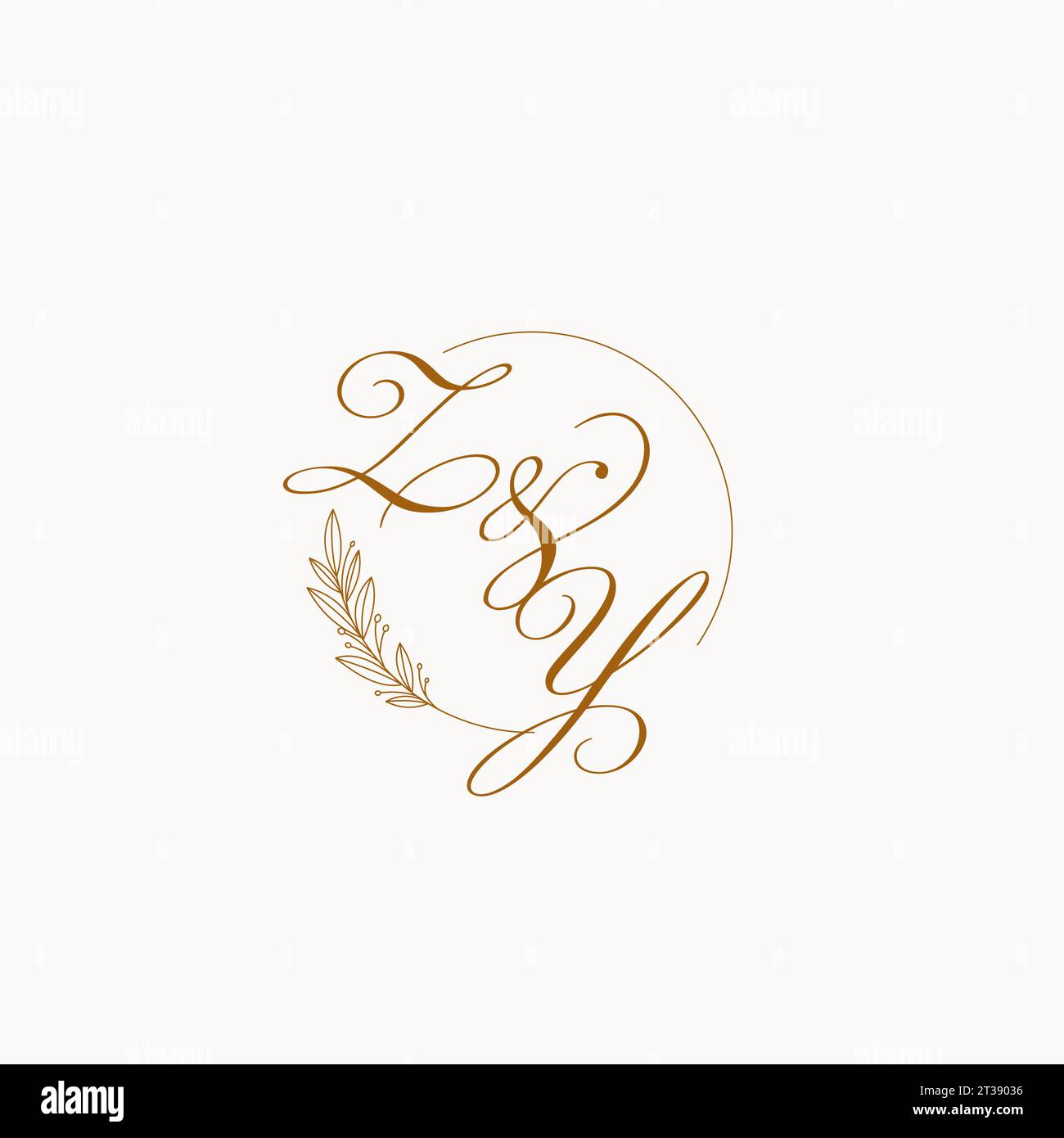 Initials ZY wedding monogram logo with leaves and elegant circular ...