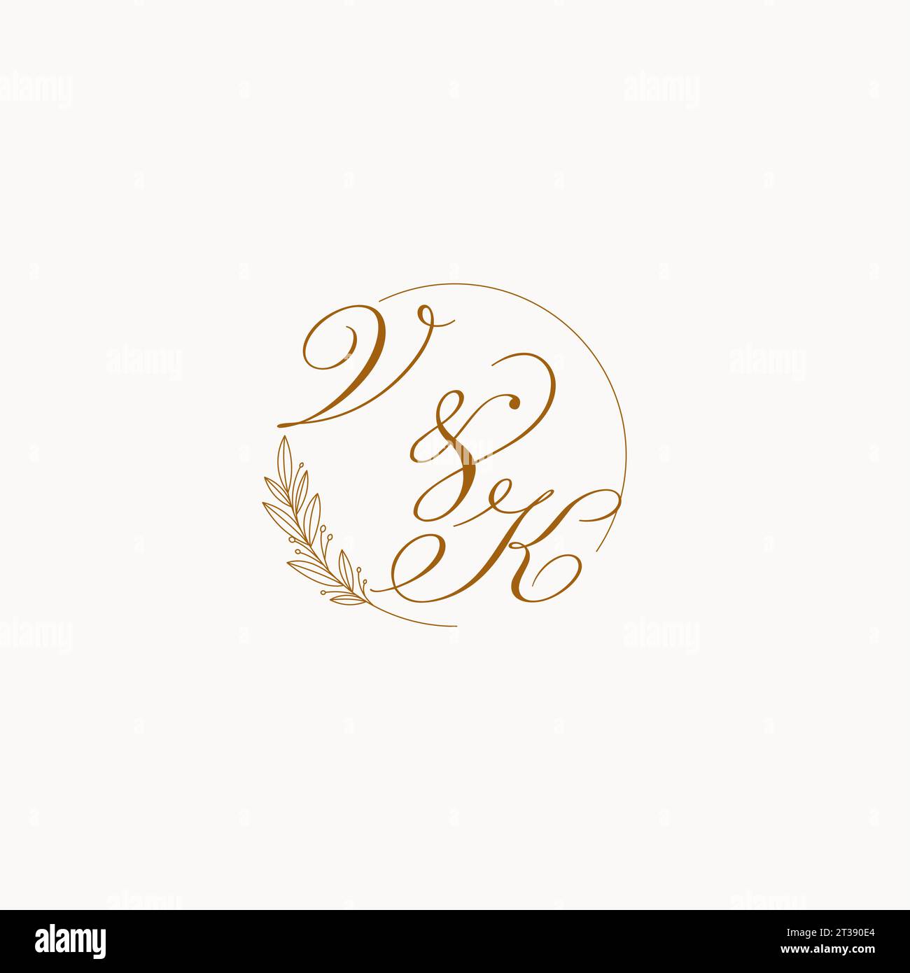 Initials VK wedding monogram logo with leaves and elegant circular ...