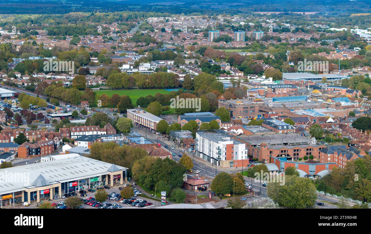Aerial view of the busy town of Havant in Hampshire. Local shops and