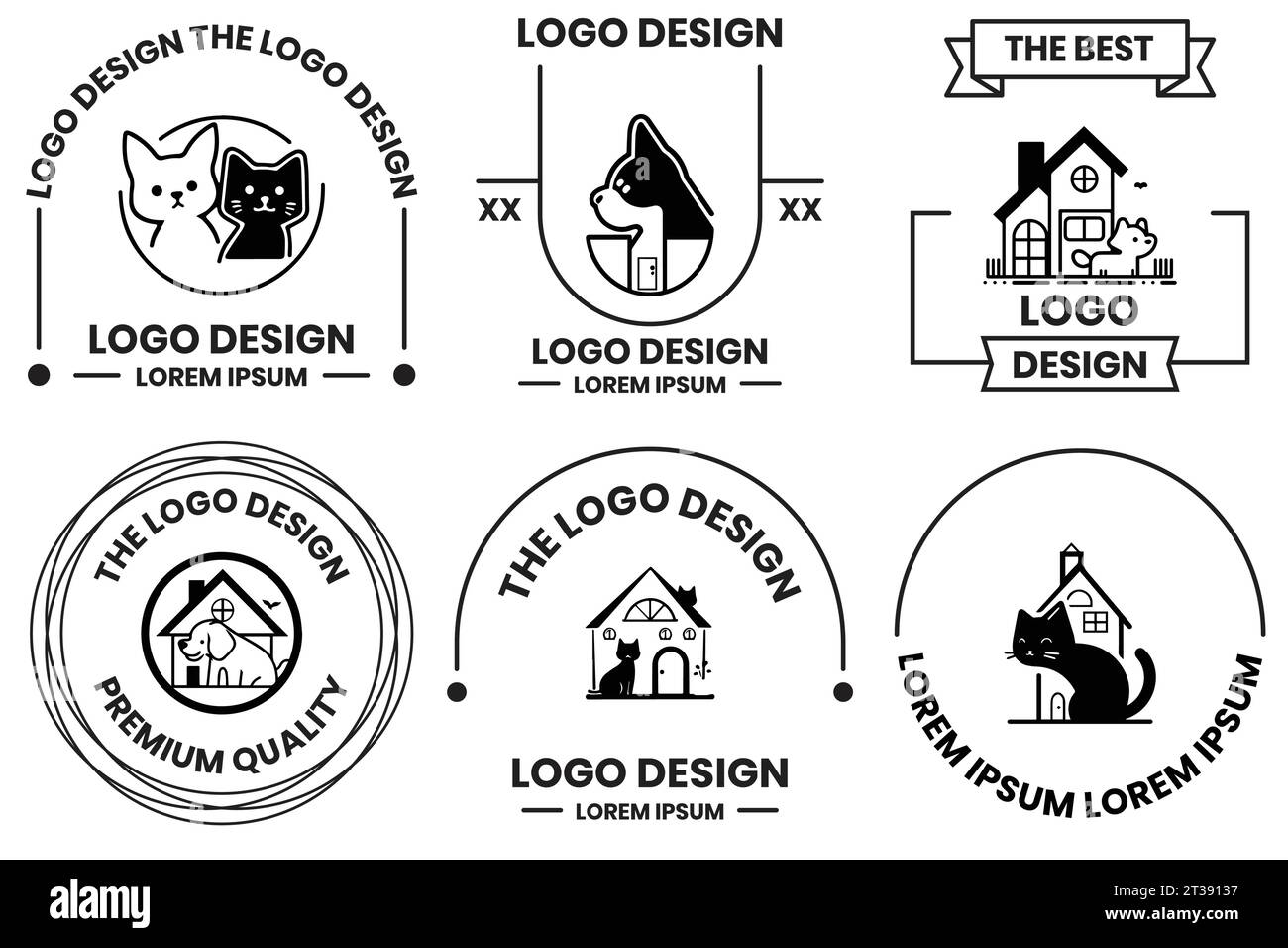 House of dogs and cats logo in animal clinic concept in flat line art
