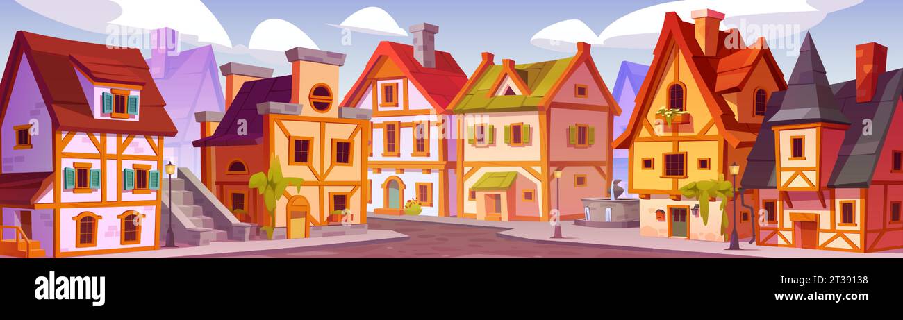 Medieval traditional german city street houses. Cartoon vector illustration cityscape with old town homes with wood fachwerk. Half-timbered buildings with stone pavement sidewalk, fountain and lantern Stock Vector
