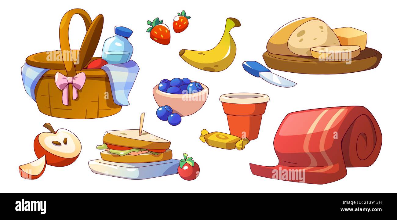 Wicker basket with rolled red blanket and food and drinks for picnic in ...