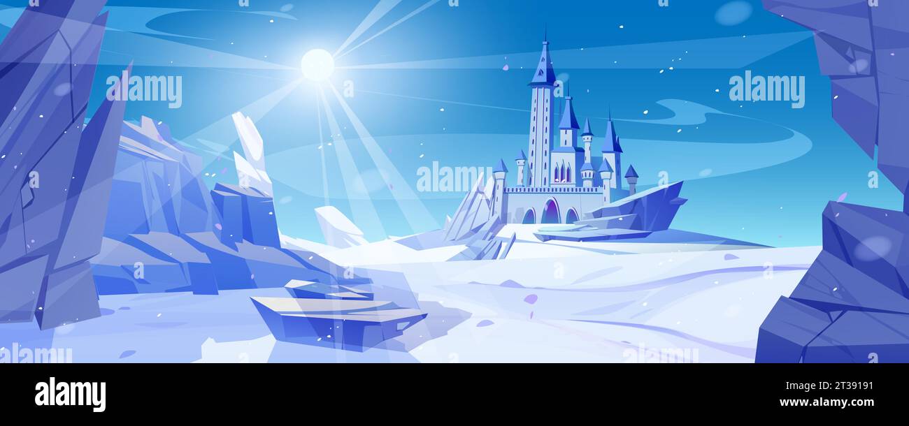 Winter mountain landscape with medieval castle. Vector cartoon illustration of fairytale frozen palace with towers, rocky background covered with ice and snow, snowflakes in air, magic cold kingdom Stock Vector