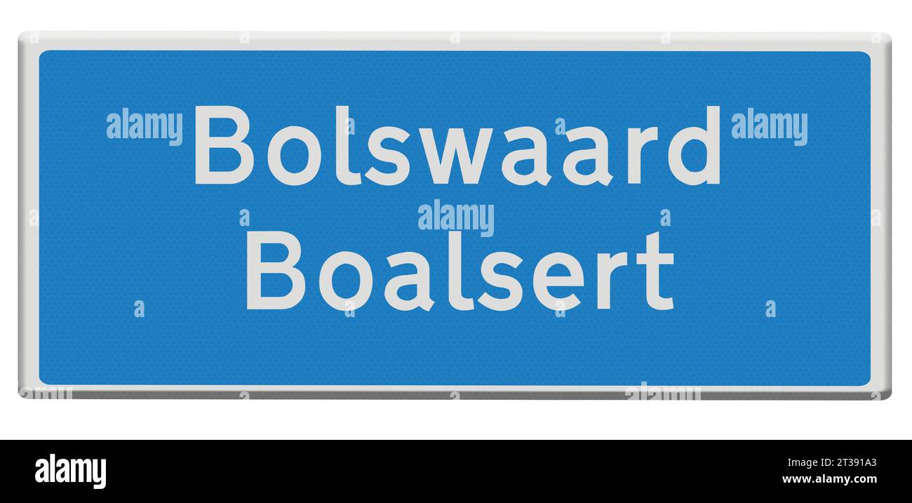 Digital composition. Road sign for the town of Bolswaard/Boalsert in Dutch and Fries/Frisian languages. Bolswaard/Boalsert is one of the cities on the legendary Elfstedentocht Eleven Cities tour skating race which takes participants almost 200 kilometers through the Frisian countryside. stadsnaambord, naambord, bord, Credit: Imago/Alamy Live News Stock Photo