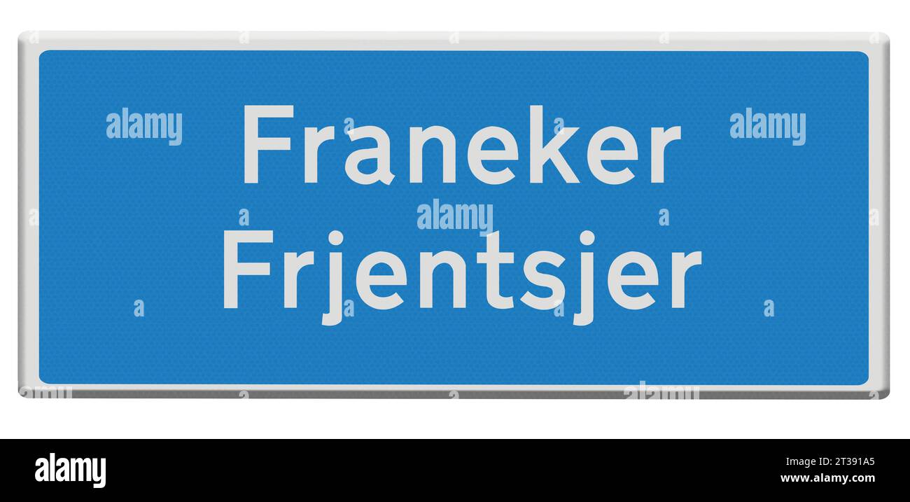 Digital composition. Road sign for the town of Franeker/Frjenstjer in Dutch and Fries/Frisian languages. Franeker/Frjenstjer is one of the cities on the legendary Elfstedentocht Eleven Cities tour skating race which takes participants almost 200 kilometers through the Frisian countryside. stadsnaambord, naambord, bord, Credit: Imago/Alamy Live News Stock Photo