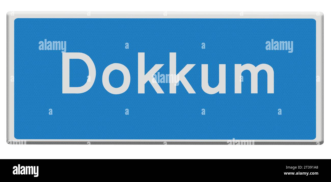 Digital composition. Road sign for the town of Dokkum in Dutch and Fries/Frisian languages. Dokkum is one of the cities on the legendary Elfstedentocht Eleven Cities tour skating race which takes participants almost 200 kilometers through the Frisian countryside. stadsnaambord, naambord, bord, Credit: Imago/Alamy Live News Stock Photo