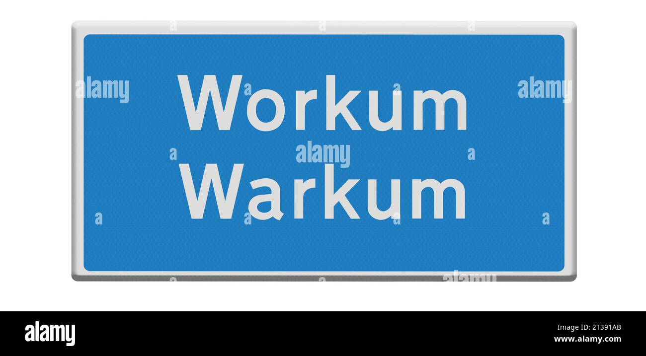 Digital composition. Road sign for the town of Workum/Warkum in Dutch and Fries/Frisian languages. Workum/Warkum is one of the cities on the legendary Elfstedentocht Eleven Cities tour skating race which takes participants almost 200 kilometers through the Frisian countryside. stadsnaambord, naambord, bord, Credit: Imago/Alamy Live News Stock Photo