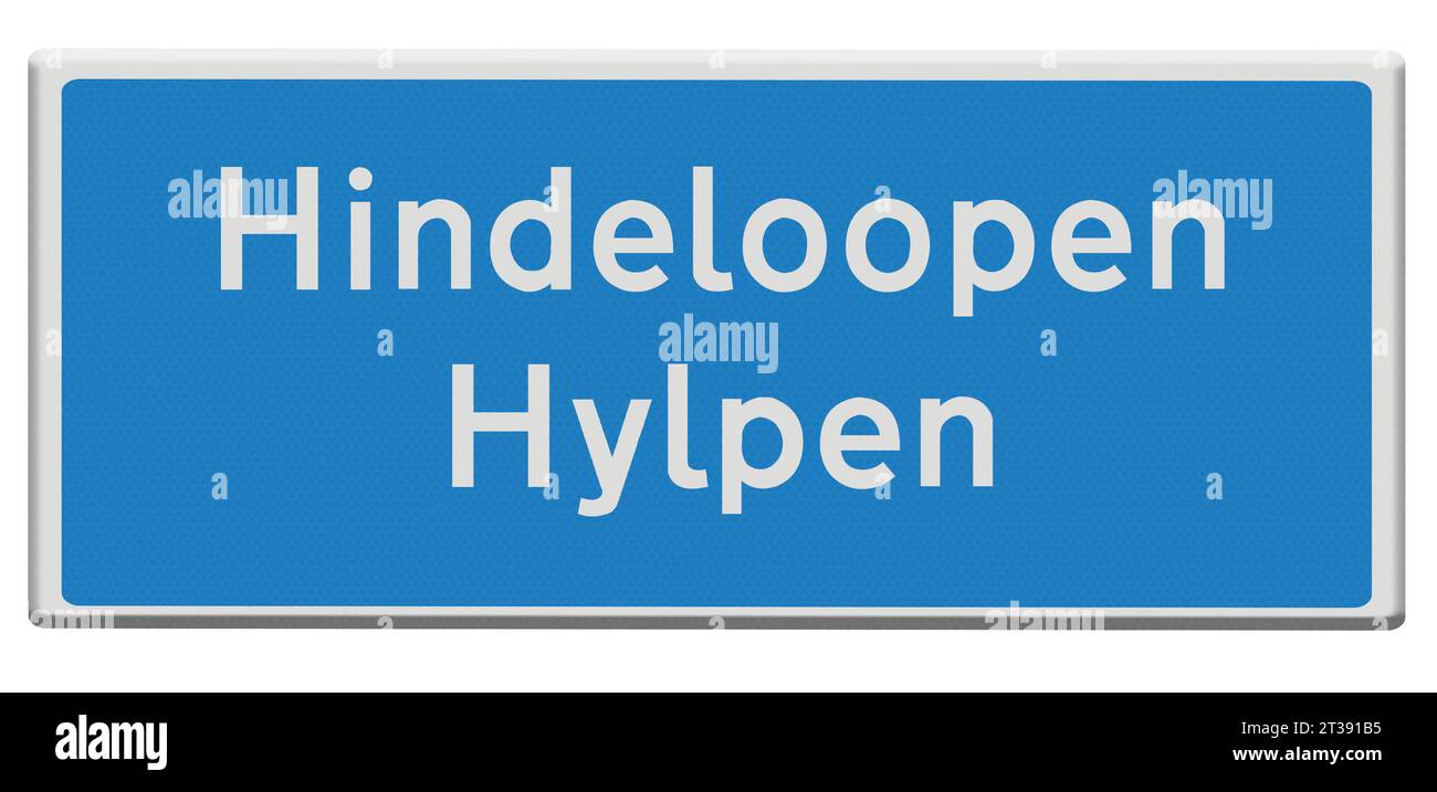 Digital composition. Road sign for the town of Hindeloopen/Hylpen in Dutch and Fries/Frisian languages. Hindeloopen/Hylpen is one of the cities on the legendary Elfstedentocht Eleven Cities tour skating race which takes participants almost 200 kilometers through the Frisian countryside. stadsnaambord, naambord, bord, Credit: Imago/Alamy Live News Stock Photo