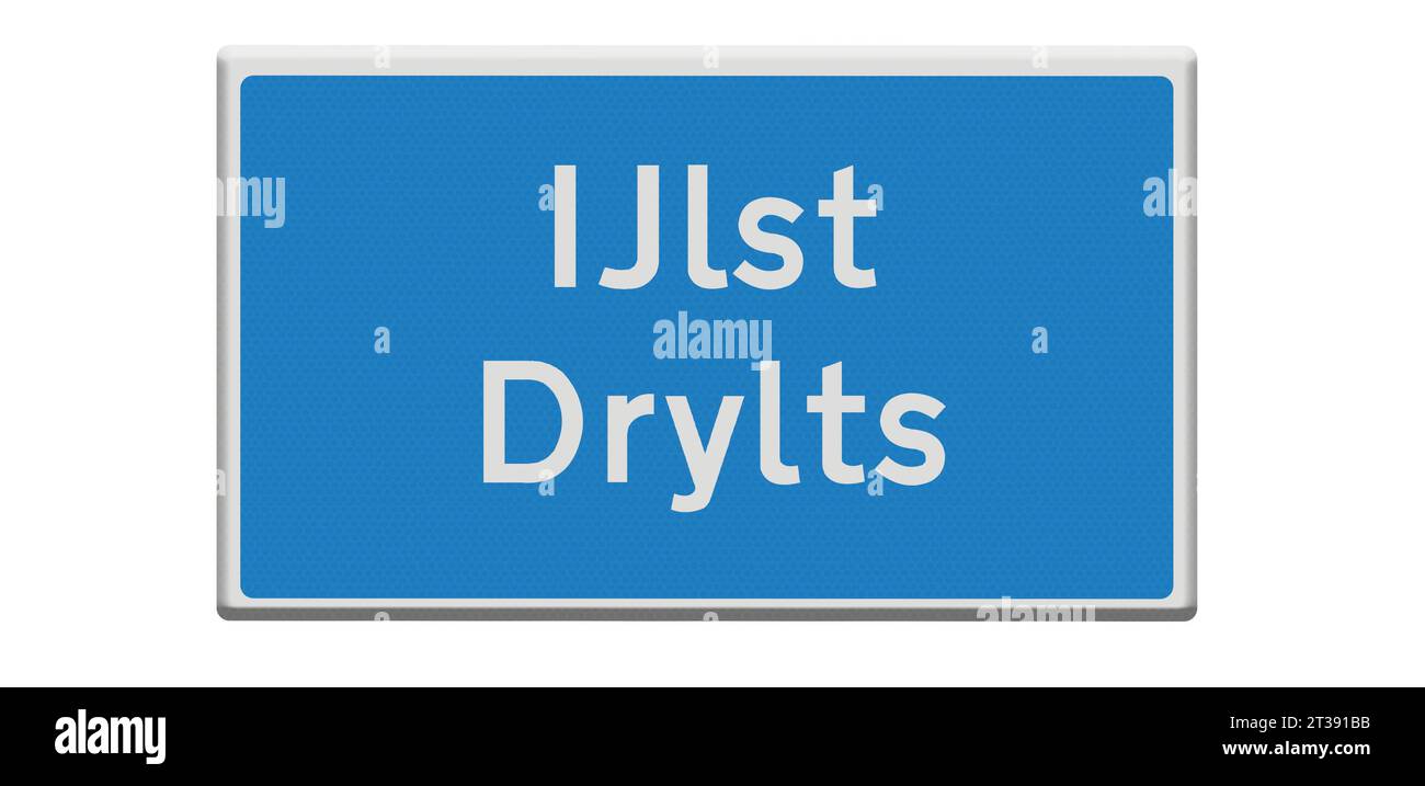 Digital composition. Road sign for the town of IJlst/Drylts in Dutch and Fries/Frisian languages. IJlst is one of the cities on the legendary Elfstedentocht Eleven Cities tour skating race which takes participants almost 200 kilometers through the Frisian countryside. stadsnaambord, naambord, bord, Credit: Imago/Alamy Live News Stock Photo